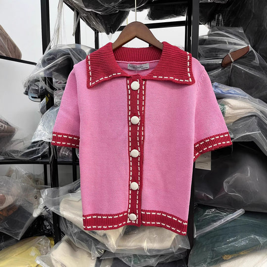 Damen Kurzarmpullover mit kontrastierenden Details EB