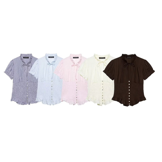 Damen Rüschenbluse mit geschlitztem Kragen und Knopfdetails EB