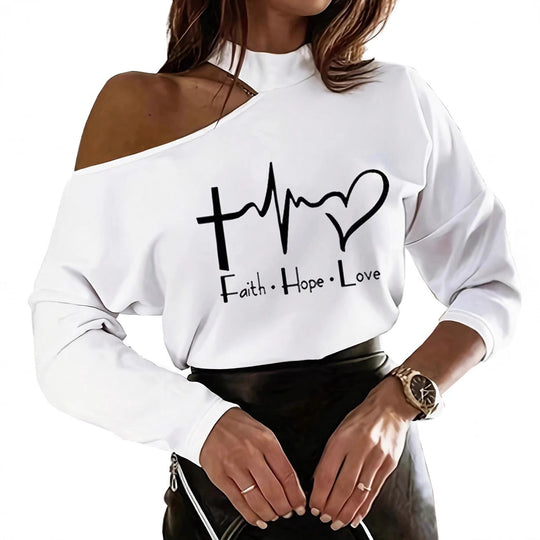 Damen Lässiges Off-Shoulder Sweatshirt mit inspirierendem Aufdruck EB