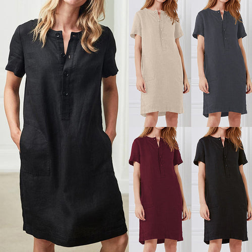 Damen lässiges Leinenkleid mit Knopfleiste und praktischen Taschen EB