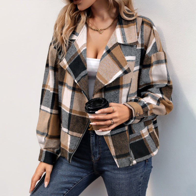 Damen lässige Karojacke mit oversized Schnitt und modernem Reverskragen EB