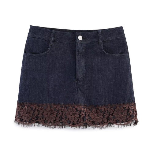 Damen Denimrock mit floraler Spitzenverzierung und fransigem Saum EB