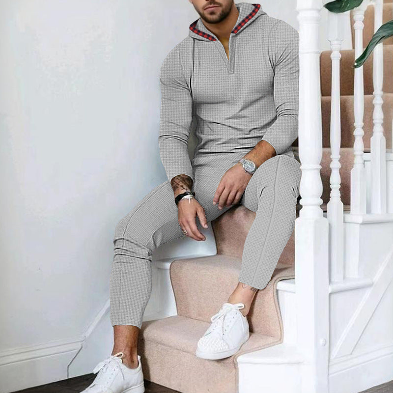 Herren nan Slim-Fit Waffel-Strick Kapuzen-Set mit Halbzip, kontrastgefütterter Kapuze und tapered Jogginghose EB