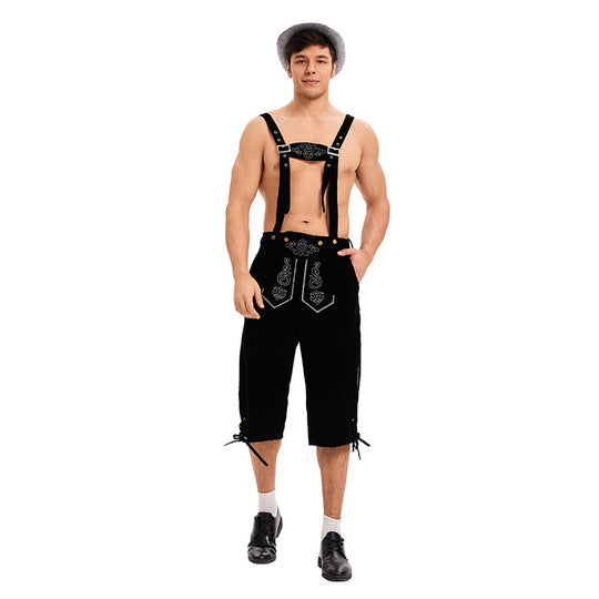 Herren nan knielange traditionelle Lederhose mit besticktem Brustlatz und verstellbaren Trägern EB