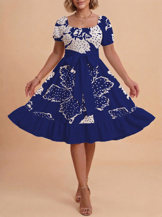 Damen A-Linien-Kleid mit floralen Motiven und taillierbarem Gürtel EB
