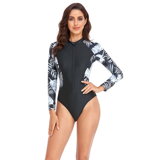 Damen Sportlicher Einteiler mit floralem Design und Reißverschluss EB