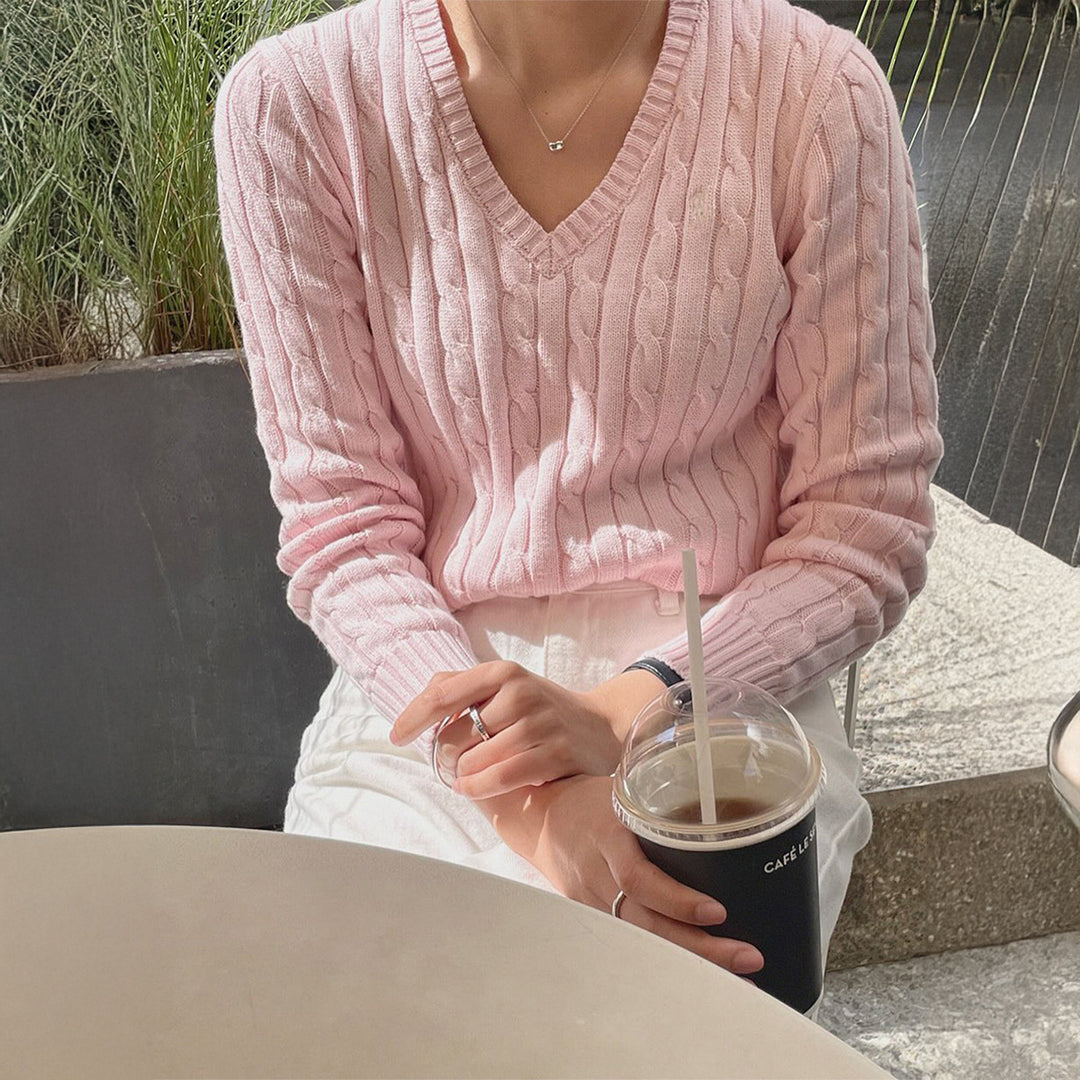 Damen nan feiner Strukturstrick-Pullover mit V‑Neck, Zopfmuster und geripptem Saum EB