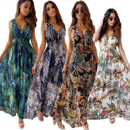 Damen Maxikleid mit floralen Mustern und tailliertem Oberteil EB