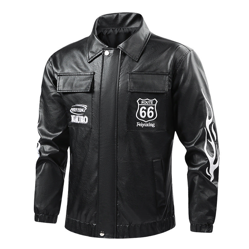Men's  patch-detail street-style zip-up jacket with stand collar and graphic sleeve prints EB