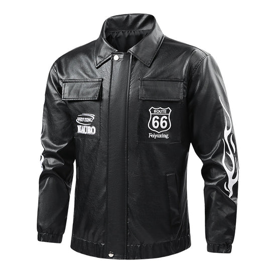 Men's  patch-detail street-style zip-up jacket with stand collar and graphic sleeve prints EB