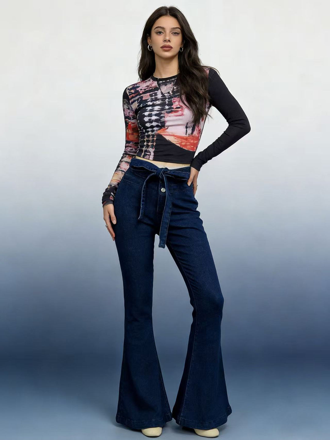 Damen nan High‑Waist Denimhose mit Schleifenbund, hoher Taille und weitem Schlag EB