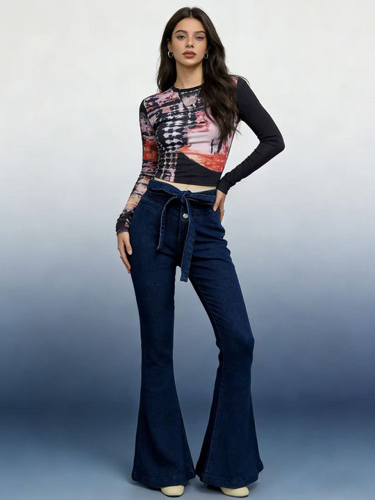 Damen nan High‑Waist Denimhose mit Schleifenbund, hoher Taille und weitem Schlag EB