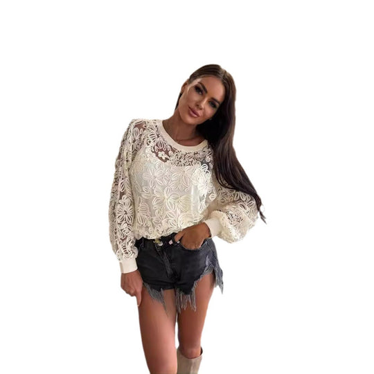 Damen romantisches Strickoberteil mit floralen Akzenten und langen Ärmeln EB