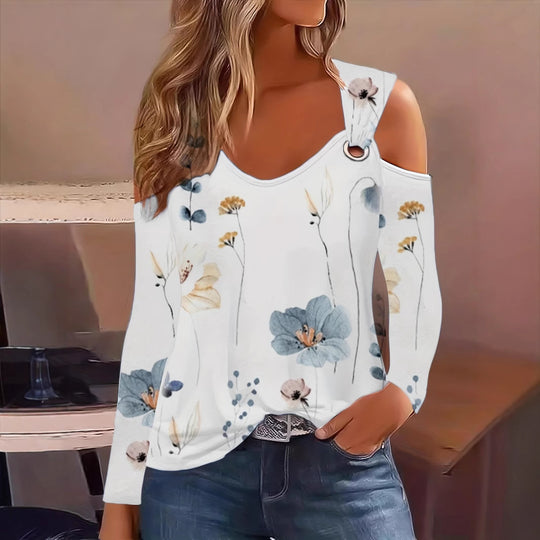 Damen Elegantes Langarmshirt mit kühlem Schulterdesign und floralem Druck EB