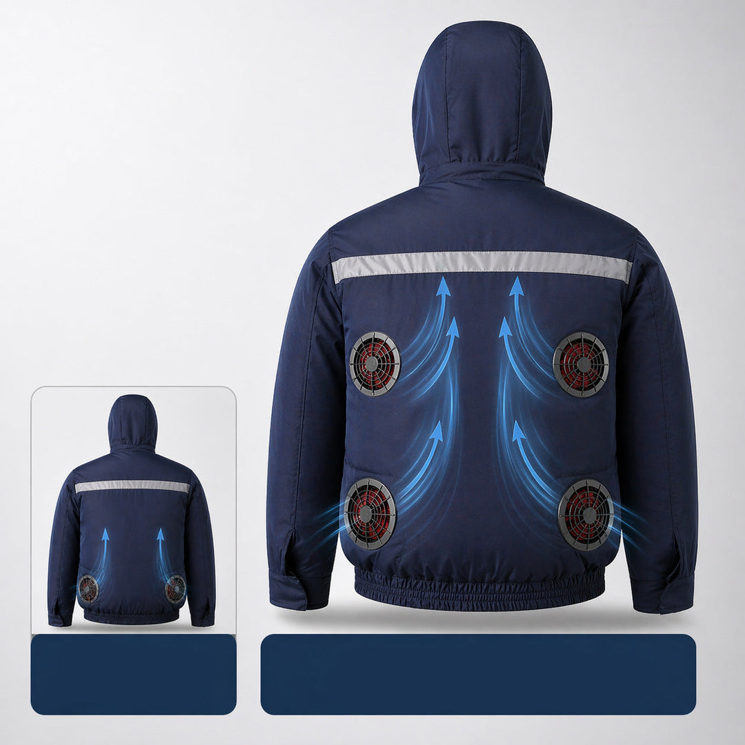 Unisex nan ventilated jacket for work and outdoor with integrated USB fans, battery compartment and hood EB