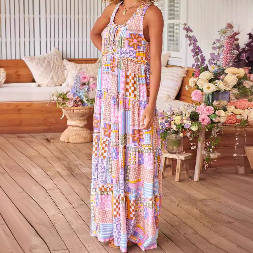 Damen Maxikleid mit buntem Patchwork-Muster und tiefem Ausschnitt EB