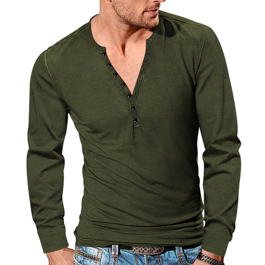 Herren nan langärmeliges Henleyshirt mit tiefer V-Knopfleiste, schmalem Slimfit und leichter Baumwollmischung EB