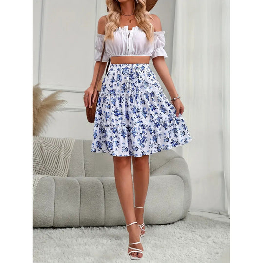 Damen Floral Midi-Rock mit voluminösem Schnitt und elastischem Bund EB