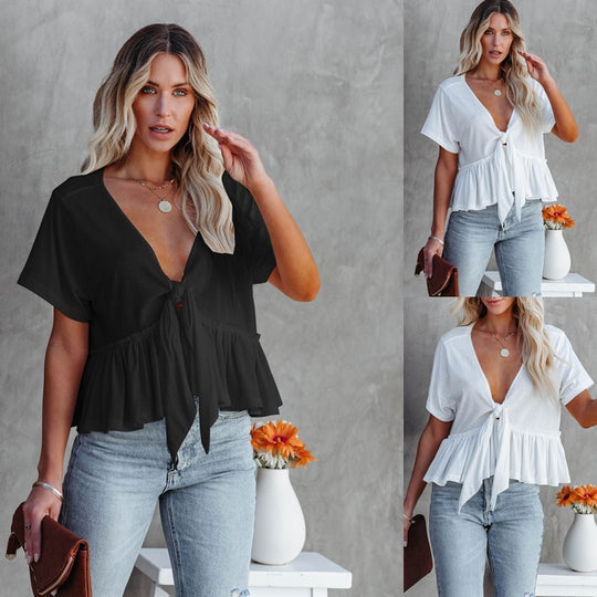 Damen Kurzarm Bluse mit knotbarem Design und frilligem Saum EB