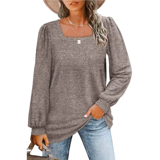 Damen Legerer Feinstrick-Pullover mit quadratischem Ausschnitt, Puffschulter und Bündchen EB