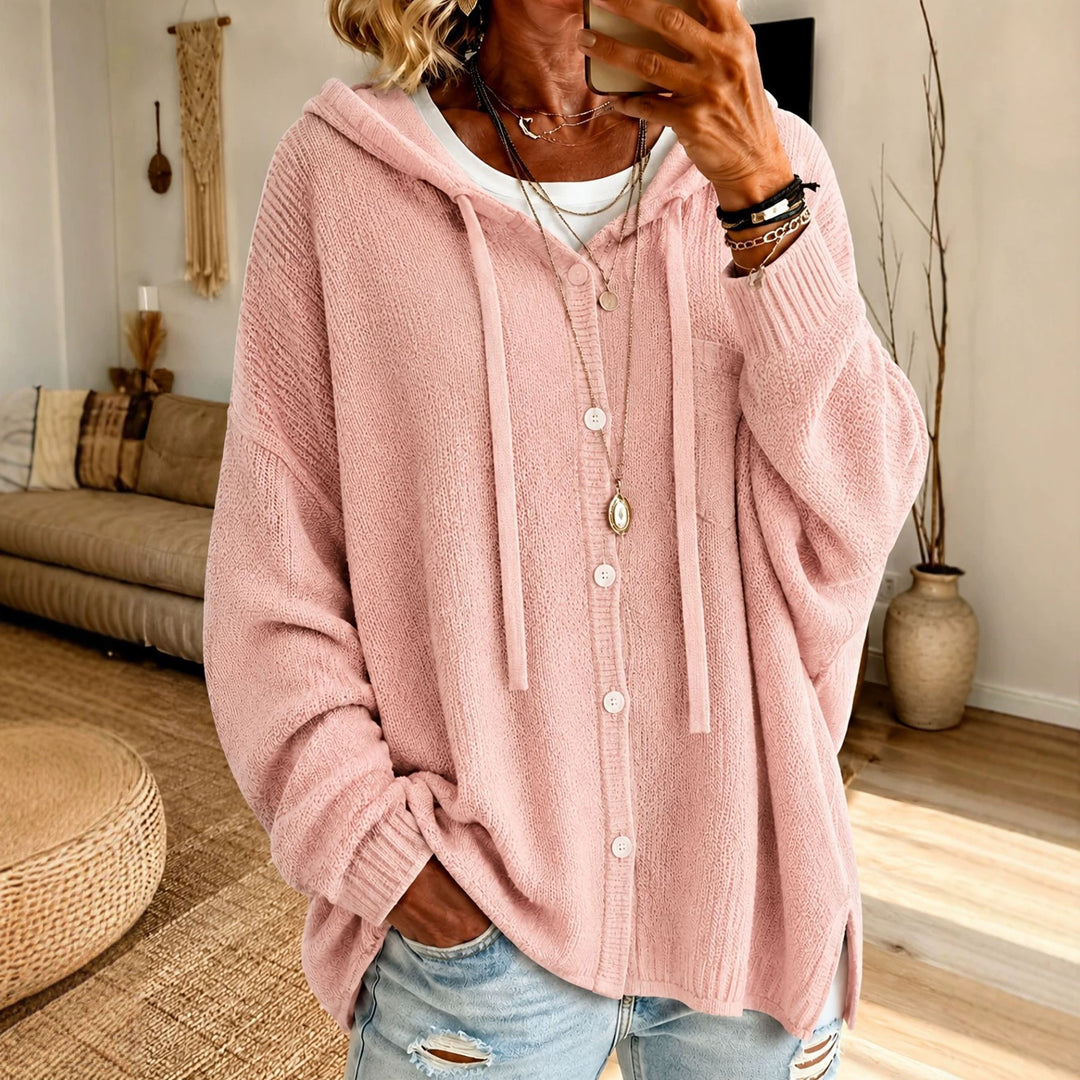 Damen Kapuzen-Cardigan aus strukturiertem Feinstrick mit Knopfleiste EB