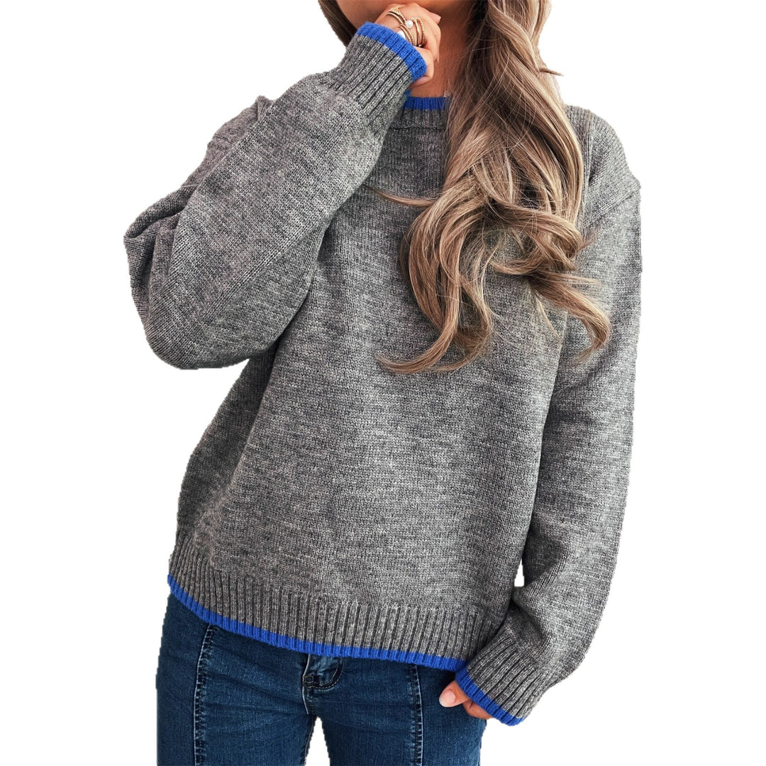 Damen gemütlicher Strickpullover mit kontrastierenden Bündchen und lässigem Schnitt EB