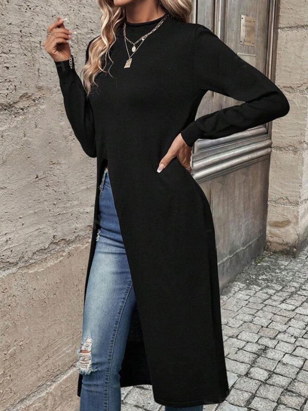 Damen elegantes Strickkleid mit seitlichen Schlitzen EB