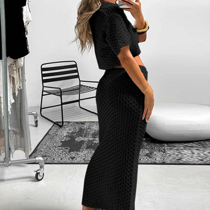 Damen gehäkeltes Crop-Top und Maxi-Rock Set EB