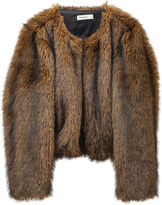Damen Plush-Cropped-Jacke mit elegantem Fellbesatz EB