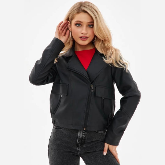 Damen cropped Kunstlederjacke mit praktischen Taschen und modernem Schnitt EB