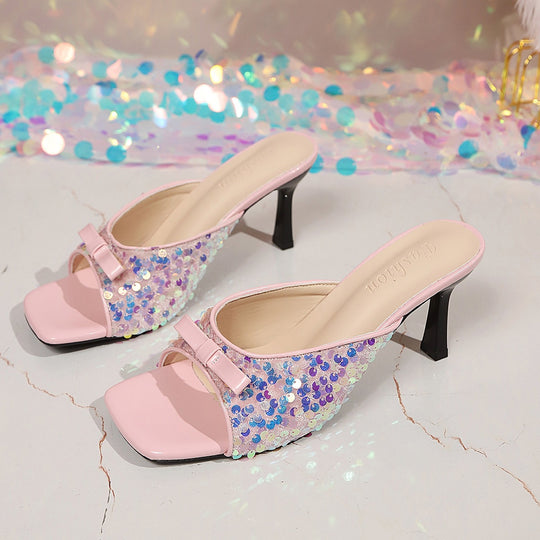 Damen Glamouröse Plateau-Pantoletten mit glitzerndem Obermaterial und dekorativen Details EB