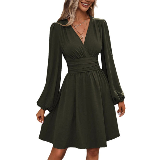 Damen Wickelkleid mit schickem V-Ausschnitt und voluminösen Ärmeln EB