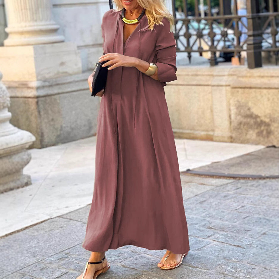 Damen lässiges Maxikleid mit tiefem V-Ausschnitt und eleganten Bindebändern EB