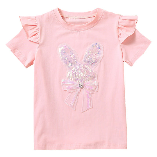 Mädchen T-Shirt mit aufgesticktem Häschen und Rüschendetails EB