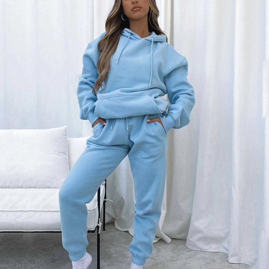 Damen nan Cropped Kapuzenjacke und High-Waist Jogginghose Set aus French Terry mit elastischem Bund EB