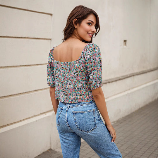 Damen Bluse mit floralem Design und gerafftem Detail EB
