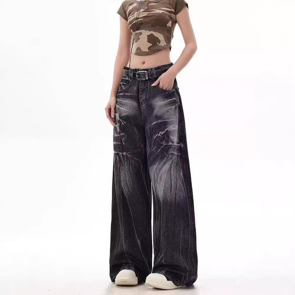 Damen Weite Jeanshose mit modischem Used-Look und hohem Bund EB