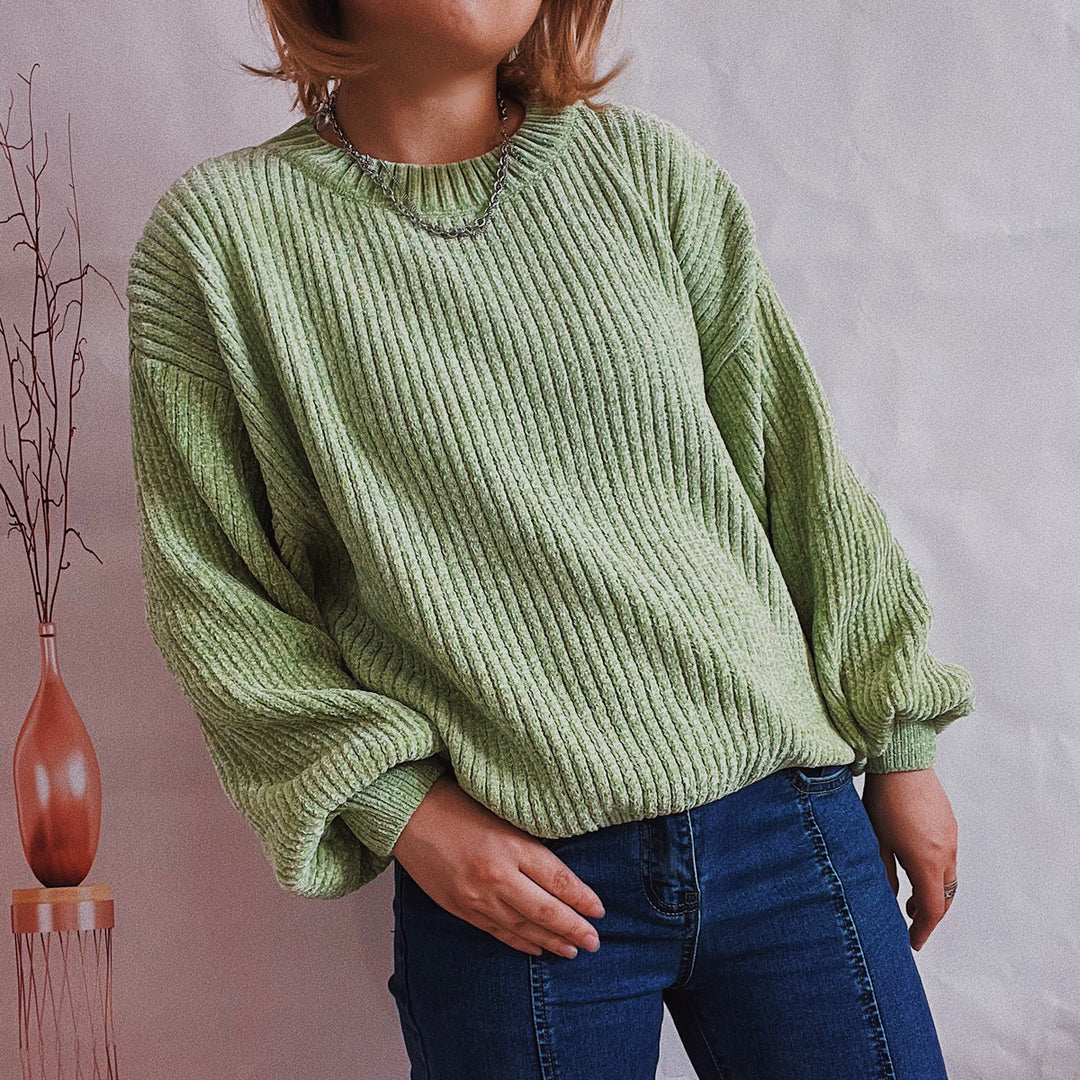 Damen Grobstrickpullover mit romantischem Rippenmuster und weiten Ärmeln EB