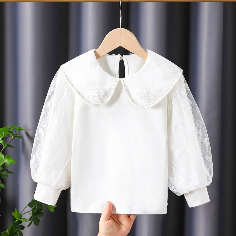 Damen Bluse mit dekorativen Blumenapplikationen und transparenten Puffärmeln EB