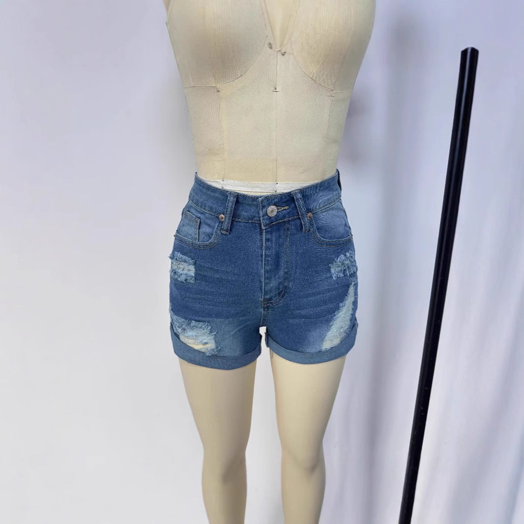 Damen kurze Destroyed Denim-Shorts im lässigen Look mit umgeschlagenen Säumen und stylischen Rissdetails EB