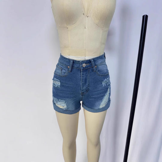 Damen kurze Destroyed Denim-Shorts im lässigen Look mit umgeschlagenen Säumen und stylischen Rissdetails EB