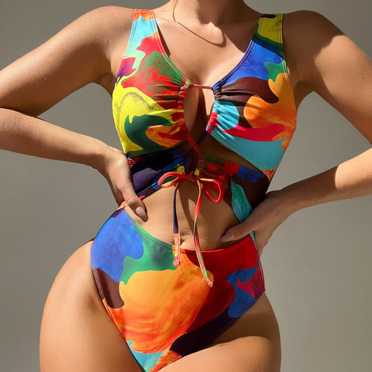 Damen Einteiler Badeanzug mit buntem Cut-Out-Design EB