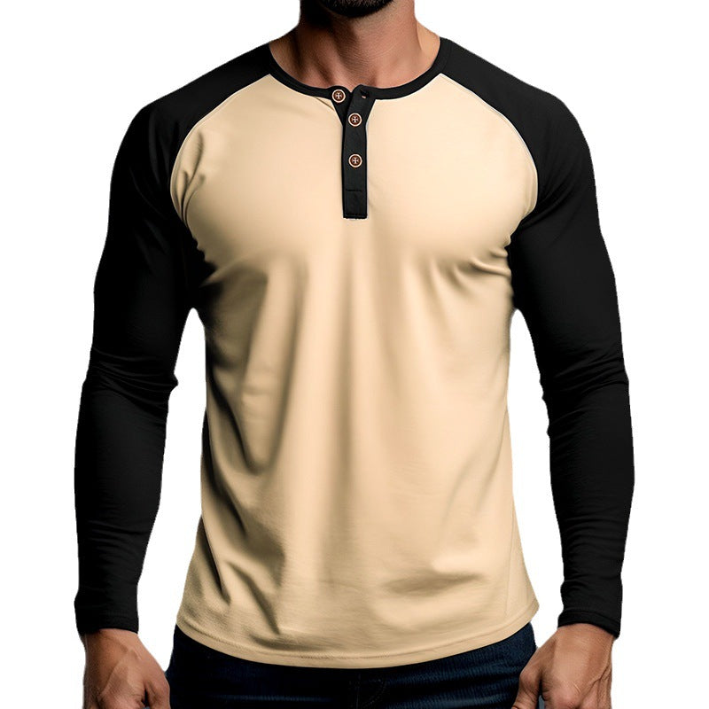 Herren Langarm-Henley-Shirt mit kontrastierenden Ärmel und modischem Knopfdesign EB
