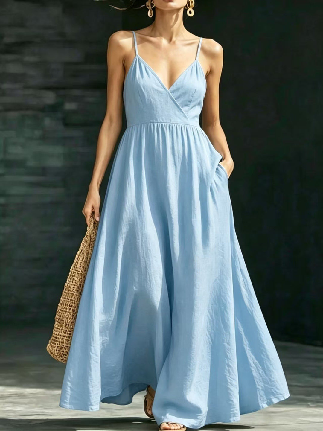 EB Damen Sommerkleid Midikleid Spaghettiträger V-Ausschnitt