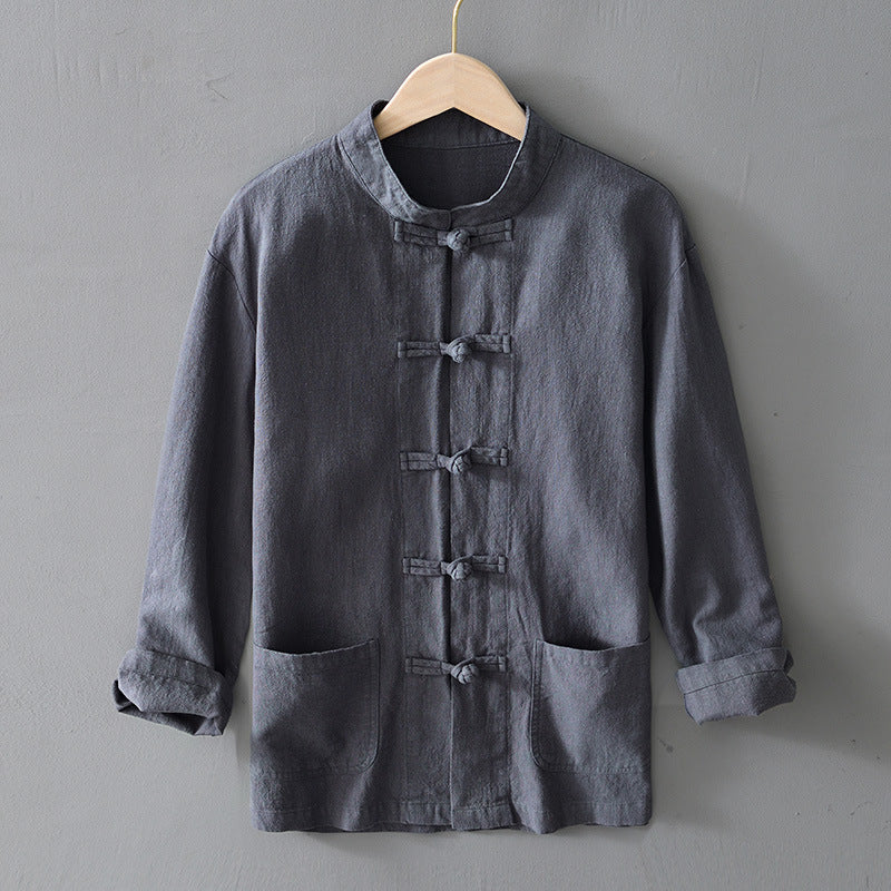 Herren nan leichte Leinenjacke im traditionellen chinesischen Stil mit Stehkragen und Knotenverschlüssen EB