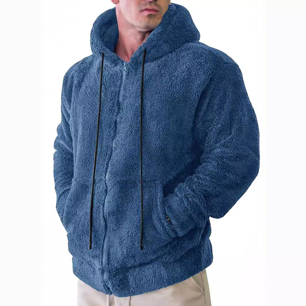 Herren nan Teddyplüsch Zip-Hoodie mit übergroßer Kapuze, verdecktem Reißverschluss und Eingrifftaschen EB