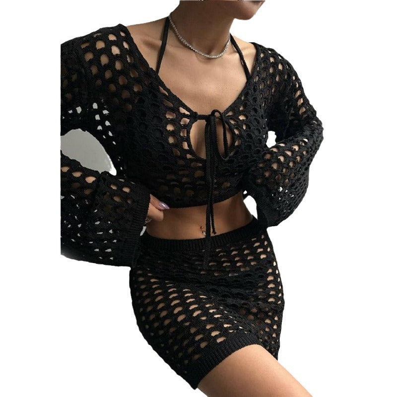 Damen gehäkeltes Strandoutfit mit offener Front EB