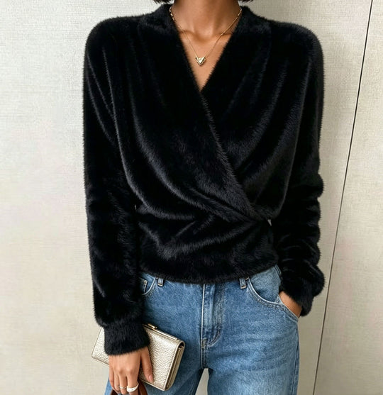 Damen Kuscheliger Wickel‑Pullover aus Faux‑Fur mit tiefem V‑Ausschnitt EB