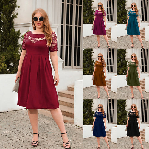 Damen Elegantes Kleid mit Spitzenärmel und schwingendem Rock EB