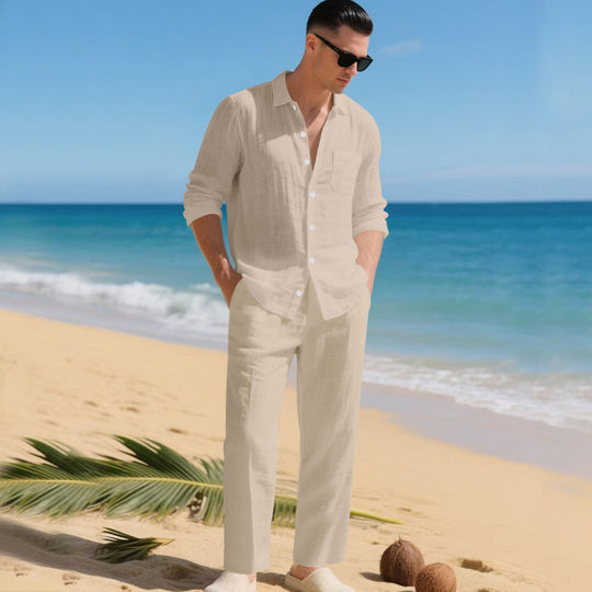 Herren leichtes Leinen-Outfit mit stilvollem Hemd und eleganter Hose EB